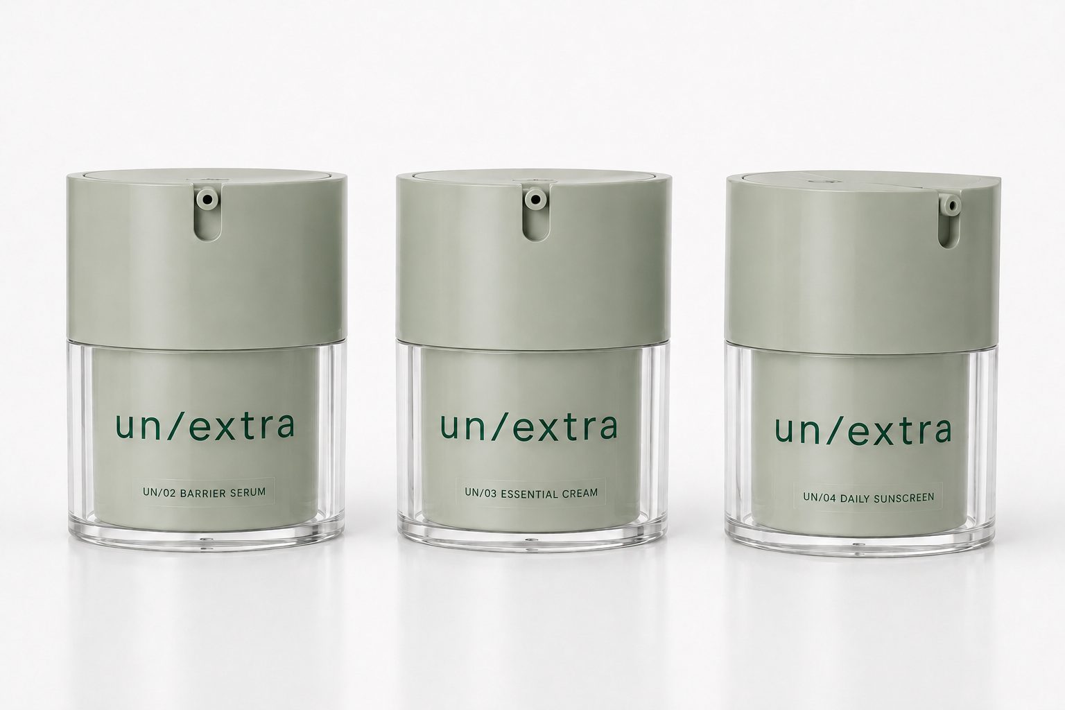 UNEXTRA Barrier Serum, Essential Cream and Daily Sunscreen in the shared Pantone 559 C airless packaging system